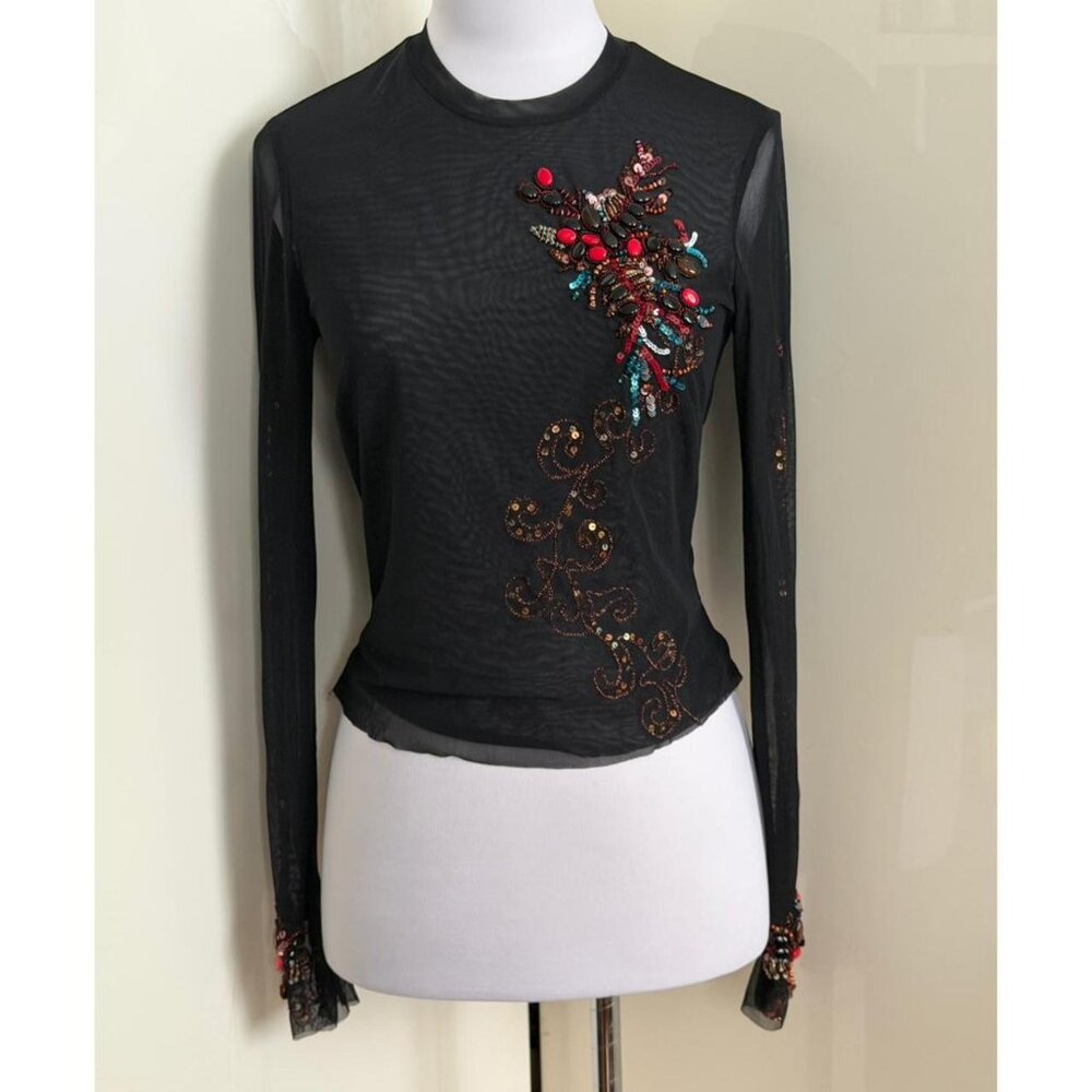 Vintage Cache Embellished Sheer Mesh Top sz M